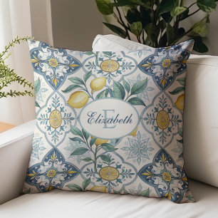 Coussin Pays de Carreaux Bleus Motif Citron Monogramme Nom