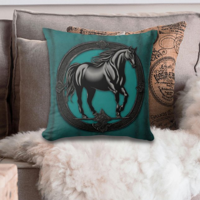 Coussin Pays de l'Ouest équin équestre Cheval noir (Rustic Western Country Teal black horse throw pillow)