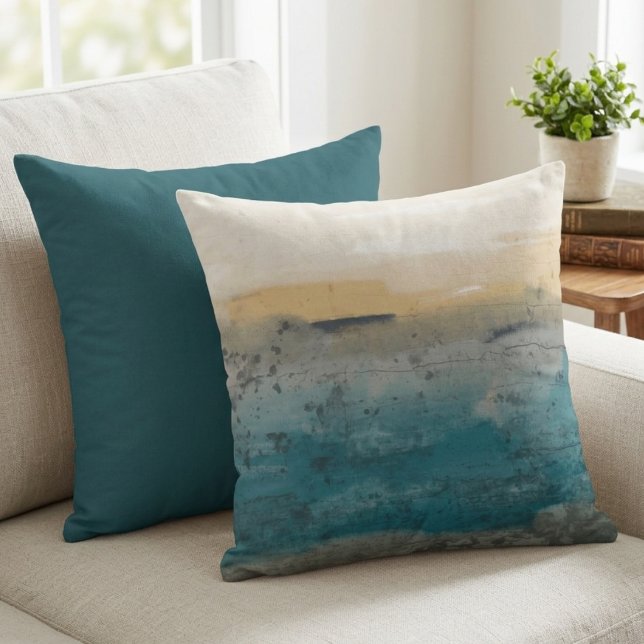 Coussin Paysage à l'aquarelle abstrait bleu et or (This abstract landscape pillow adds a calm, artistic touch to any home for a gift.)