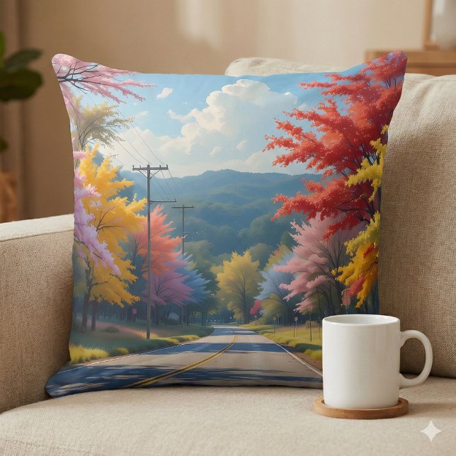 Coussin Paysage à l'aquarelle de route de campagne automna (Pastel Autumn Country Road Watercolor Throw Pillow Mockup A)