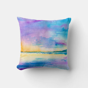 Coussin Paysage abstrait minimaliste à l'aquarelle : mer, 