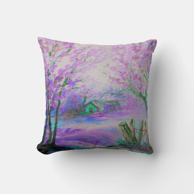 Coussin Paysage abstrait rose avec les arbres et le (Recto)