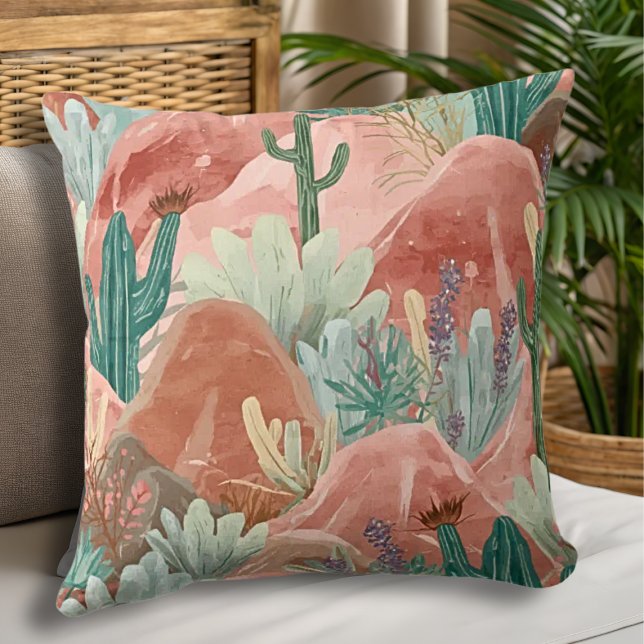 Coussin Paysage aquarelle du canyon Desert Bloom (Blush canyon pillow with watercolor cacti, soft sage greens, and dreamy desert sunset tones.)