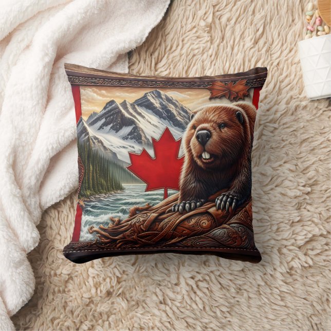 Coussin Paysage canadien avec castor et feuille d'érable (Couverture)