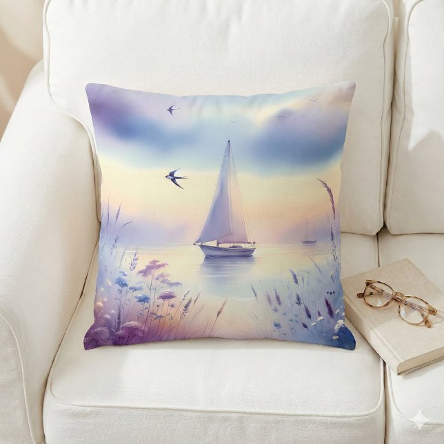 Coussin Paysage côtier onirique au voilier pastel (Pastel Sailboat Coastal Dreamscape Throw Pillow Mockup A)