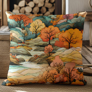 Coussin Paysage d'automne de la rivière aux arbres orange