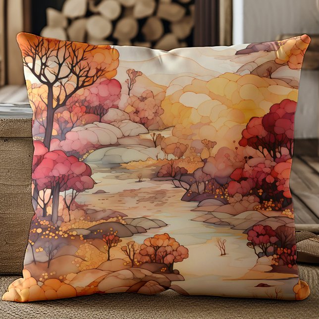 Coussin Paysage d'automne de rivière aux arbres bruns oran (Orange, red, and brown trees and river landscape pillow)