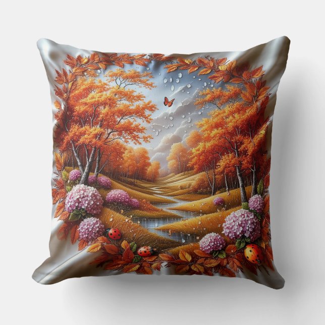 Coussin Paysage d'automne orné d'hortensias (Recto)