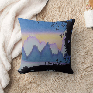 Coussin paysage de couchers de soleil abstrait noir et bla