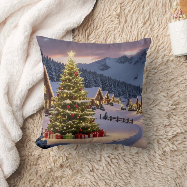 Coussin Paysage de lumières de Noël avec neige (Couverture)