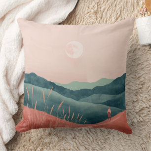 Coussin Paysage de montagne bohème sarcelle Lune rose