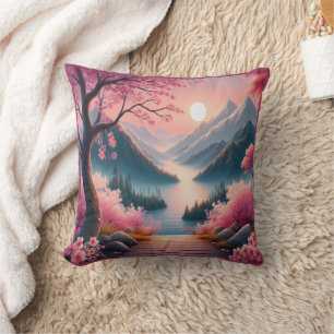 Coussin Paysage de montagne forestier aux cerisiers japona