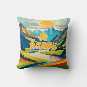 Coussin Paysage de montagne Retro Soyez heureux