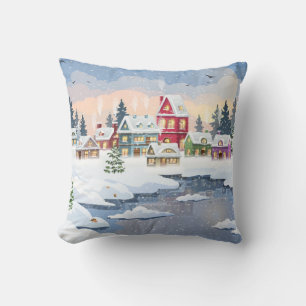 Coussin Paysage de Noël d'hiver avec maison enneigée