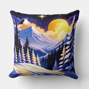 Coussin Paysage de nuit d'hiver avec montagnes enneigées
