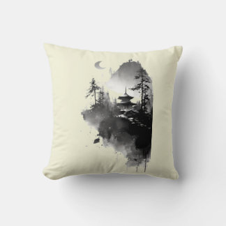 Coussin Paysage de pagode zen à l'encre japonaise