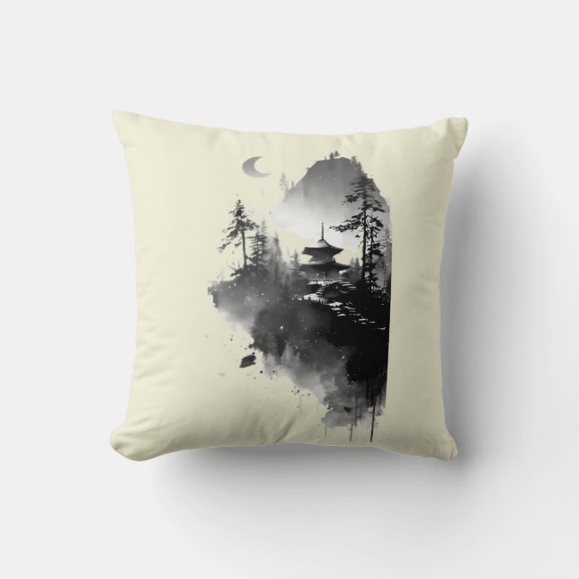 Coussin Paysage de pagode zen à l'encre japonaise (Recto)