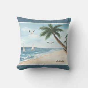 Coussin Paysage de plage avec voiliers Aquarelle Bleu