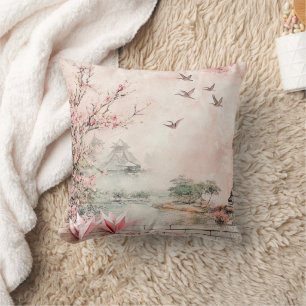 Coussin Paysage de sérénité aux cerisiers en fleurs roses