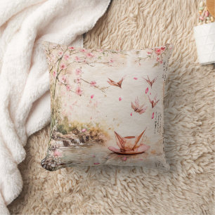 Coussin Paysage de sérénité aux fleurs de cerisier roses (