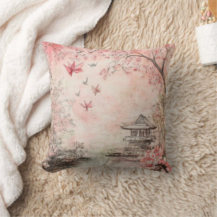 Coussin Paysage de sérénité aux fleurs de cerisier roses (
