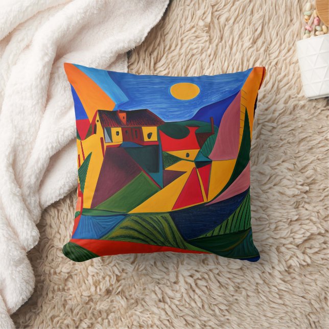 Coussin Paysage de village abstrait coloré (Couverture)