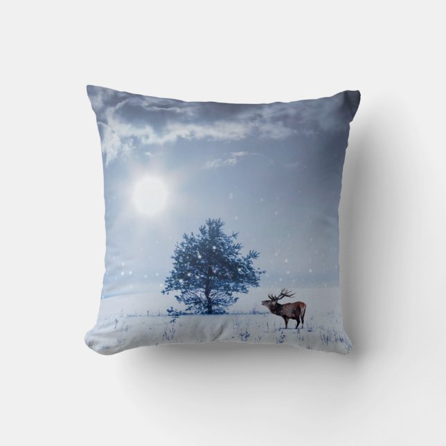 Coussin Paysage d'hiver de couleur bleue. Arbre solitaire  (Recto)