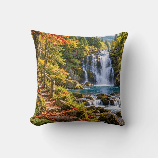 Coussin Paysage forestier de cascade d'automne (Recto)