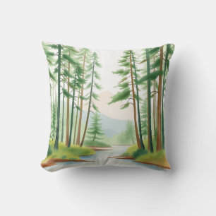 Coussin Paysage forestier serein en aquarelle