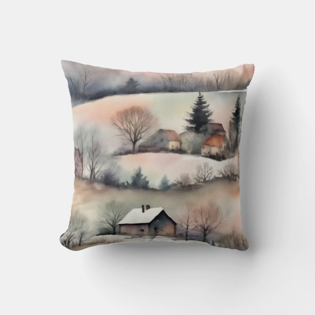 Coussin Paysage Hiver Pastel Aquarelle (Recto)