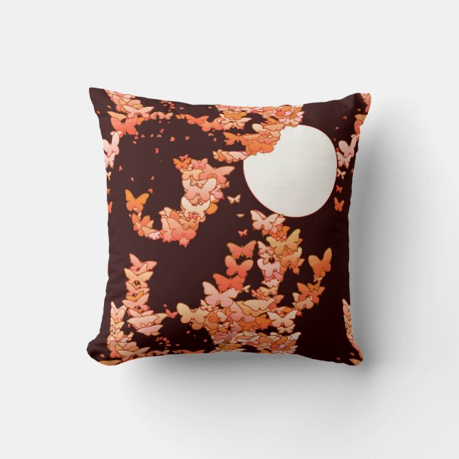 Coussin Paysage lunaire aux papillons - corail, chocolat (Recto)