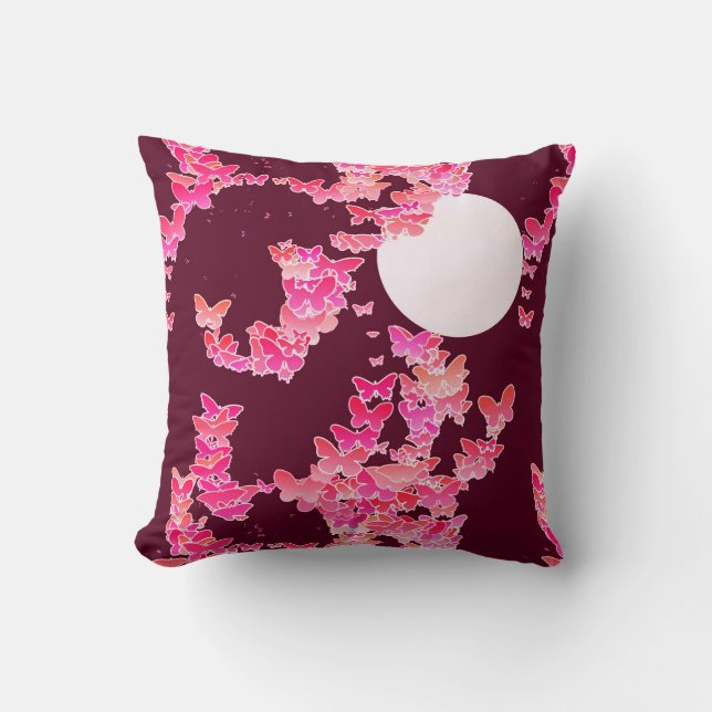 Coussin Paysage lunaire aux papillons - rose, bordeaux (Recto)