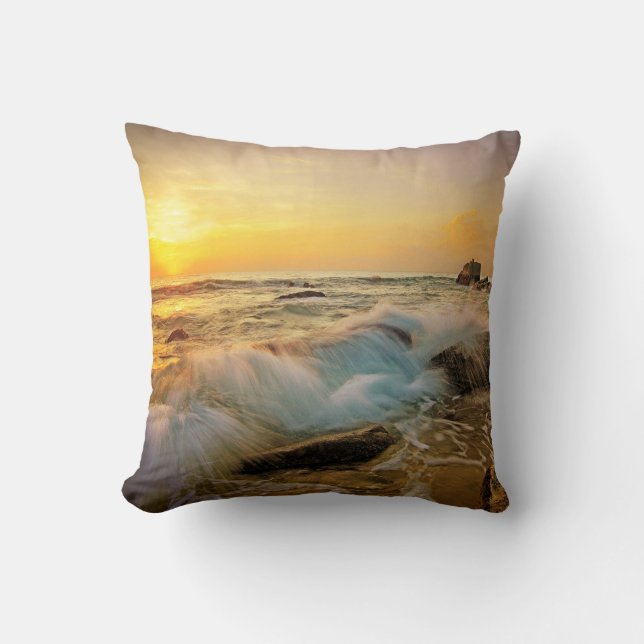 Coussin Paysage marin de coucher du soleil de VAGUES et de (Recto)
