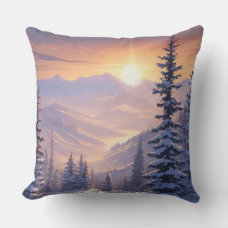 Coussin Paysage montagneux d'hiver avec sapins et soleil