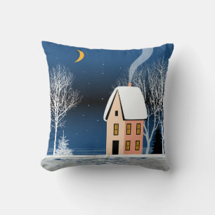 Coussin Paysage nocturne d'hiver. Maison cosy, divers arbr