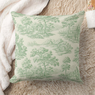 Coussin Paysage pastoral toile vert sauge Scène de ferme à