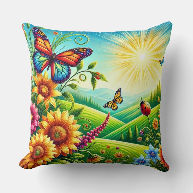 Coussin Paysage printanier vibrant avec des fleurs (Recto)