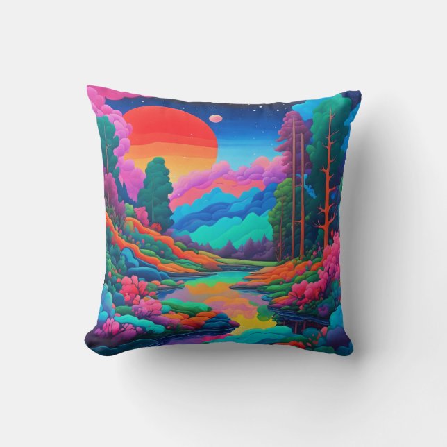 Coussin Paysage psychédélique art rose vert (Recto)