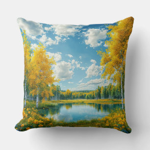 Coussin Paysage serein de lac panoramique avec arbre jaune