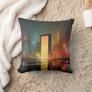 Coussin Paysage urbain futuriste avec reflets néon
