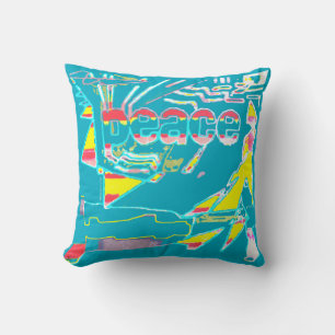 Coussin Peace Graphic Rouge Jaune Aqua Rose Blanc sur Turq