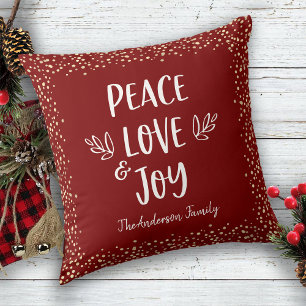 Coussin "Peace Love Joy" Citation Typographie moderne Nom 