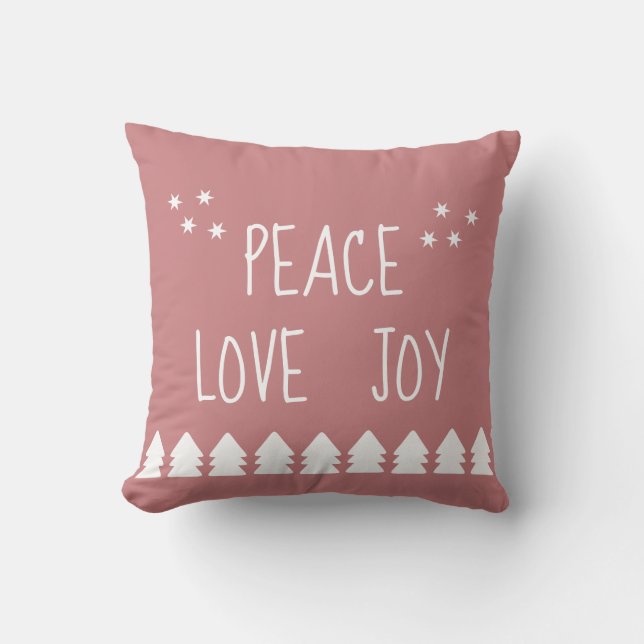 Coussin Peace Love Joy White Script Soft Rose Christmas T (Recto)