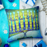 Coussin Peace Love Light Bold Blue Green Hanoukka Menorah<br><div class="desc">"Paix, amour et lumière." Une photo de fond d'une menorah d'art bleu et vert, colorée et lumineuse, vous permet d'inaugurer les vacances d'Hanoukka dans le style. Sentez la chaleur et la joie de la saison des fêtes chaque fois que vous vous relaxez sur cet étonnant et coloré Hanoukka jetez un...</div>