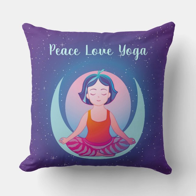Coussin Peace Love Yoga fille méditation dans l'espace (Recto)