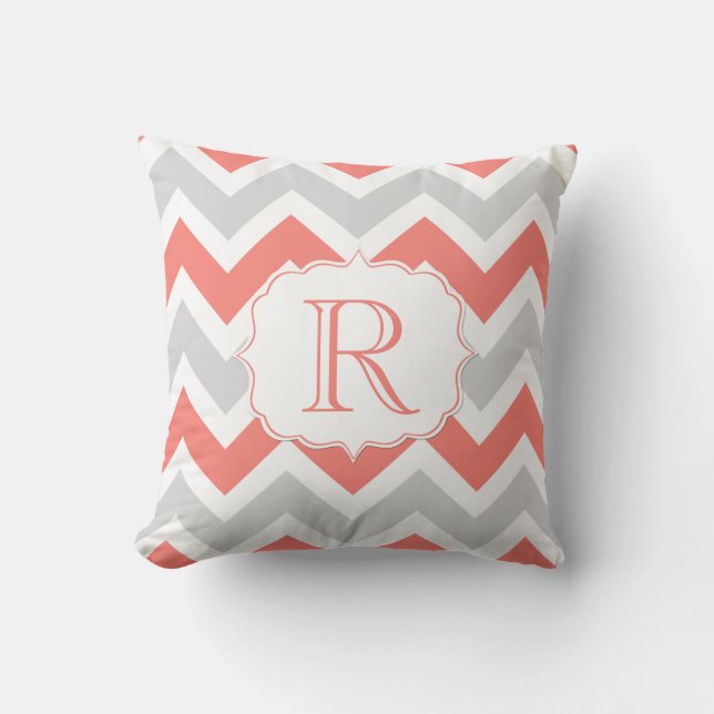 Coussin Peach Coral Grey Blanc Chevron Motif Monogramme (Recto)