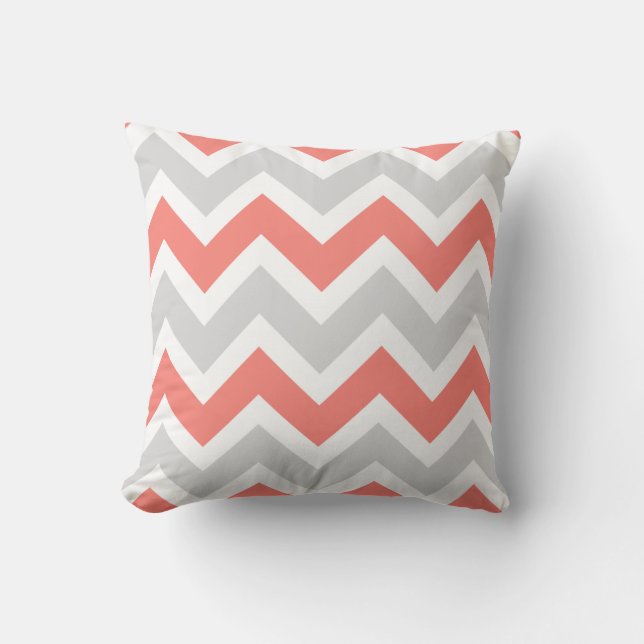 Coussin Peach Coral Grey Blanc Chevron Zigzag Motif (Recto)