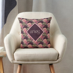 Coussin Peach Flowers on Purple Diamonds Monogramme