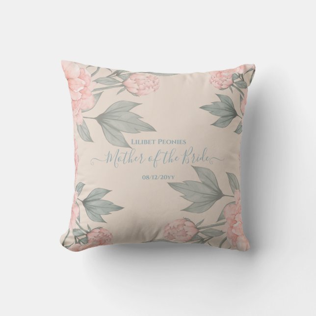 Coussin Peach Peonies Sage Floral Budget Mariage (Recto)