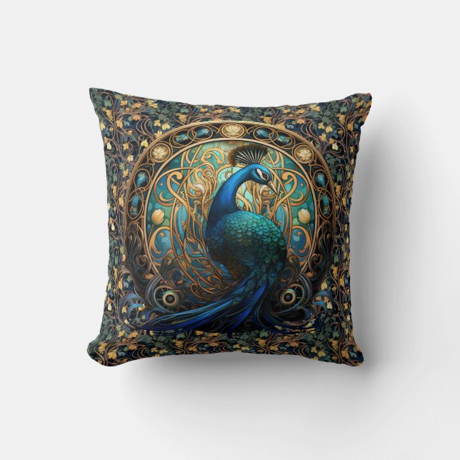 Coussin Peacock Art Nouveau sur l'oreiller à lancer d'ivoi (Recto)